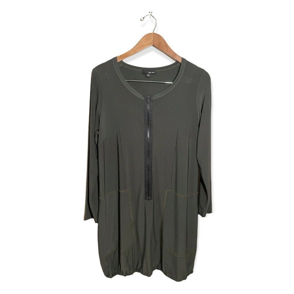 Sun Kim Jersey Zip Front Bubble Hem‎ Tunic Top Medium Stretch Pockets Lagenlook